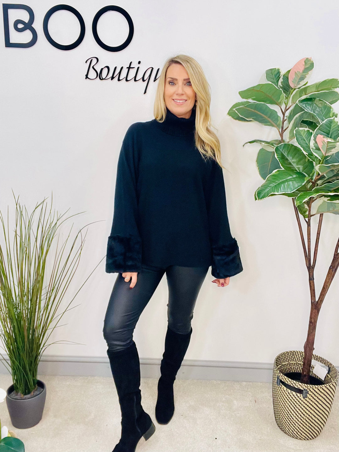 LADIES KNITTED FAUX FUR CUFF JUMPER - BURGUNDY, GREY, BLACK, BROWN, BEIGE, CAMEL
