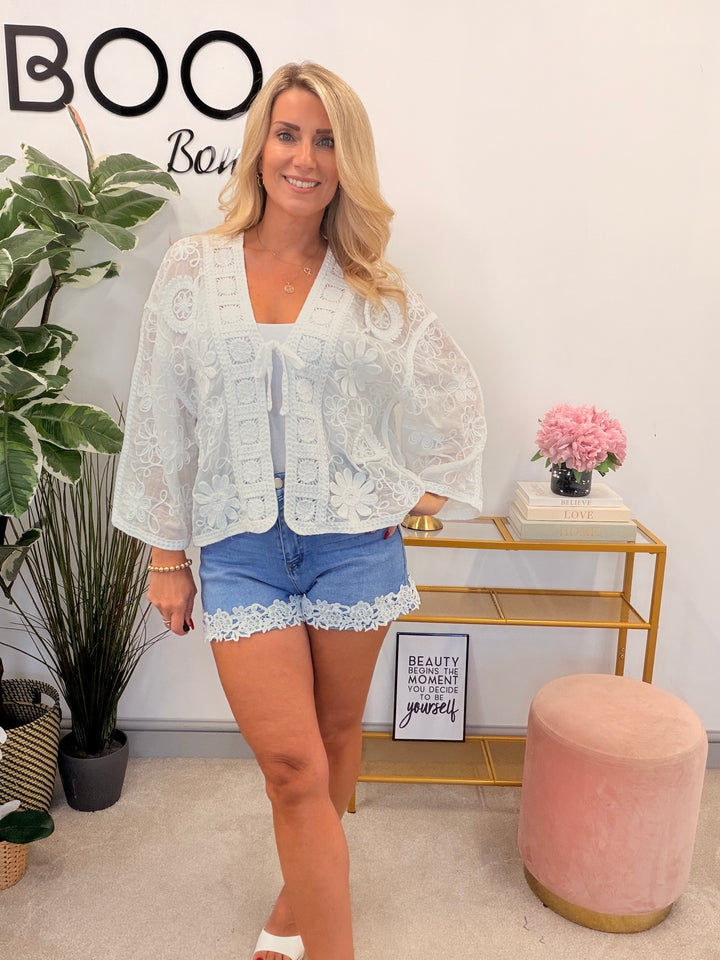 Ladies White Embroidered Bolero Kimono Cardigan