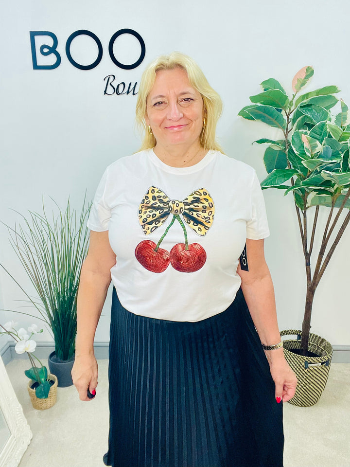 LADIES WHITE T SHIRT WITH DIAMANTE CHERRY LOGO