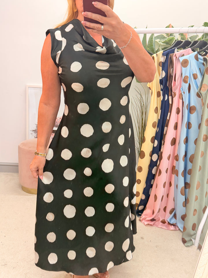 Ladies Satin Polka Dot Sheath Dress - Lemon, Black, Pink, Khaki, Navy, Black & Blue