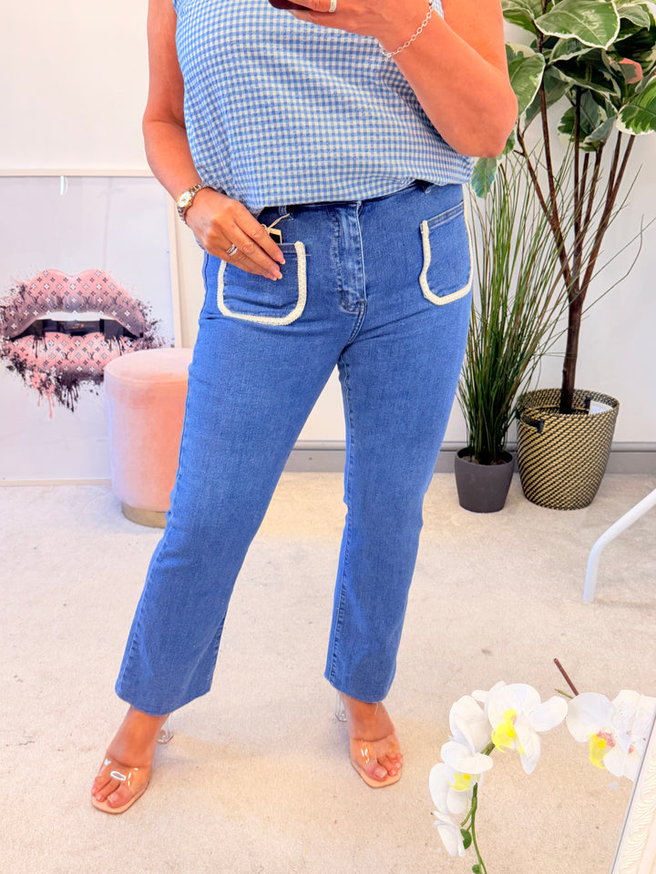 Ladies Fashion Front Pocket Blue Denim Ankle Grazer Jeans