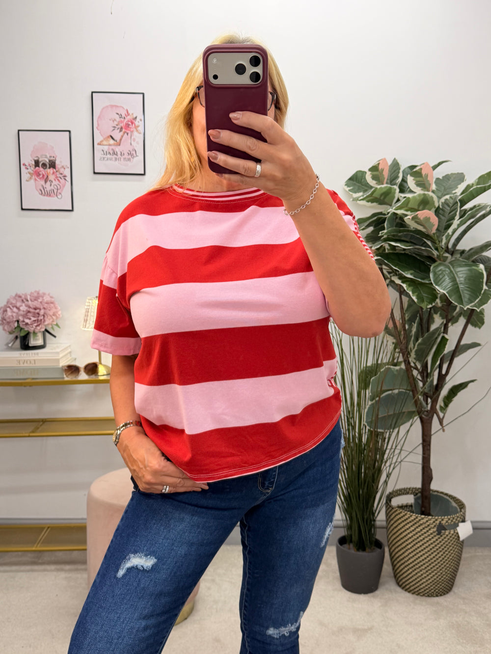 Ladies Colour Block Stripe T Shirt Top - Chocolate/Pink and Pink/Red