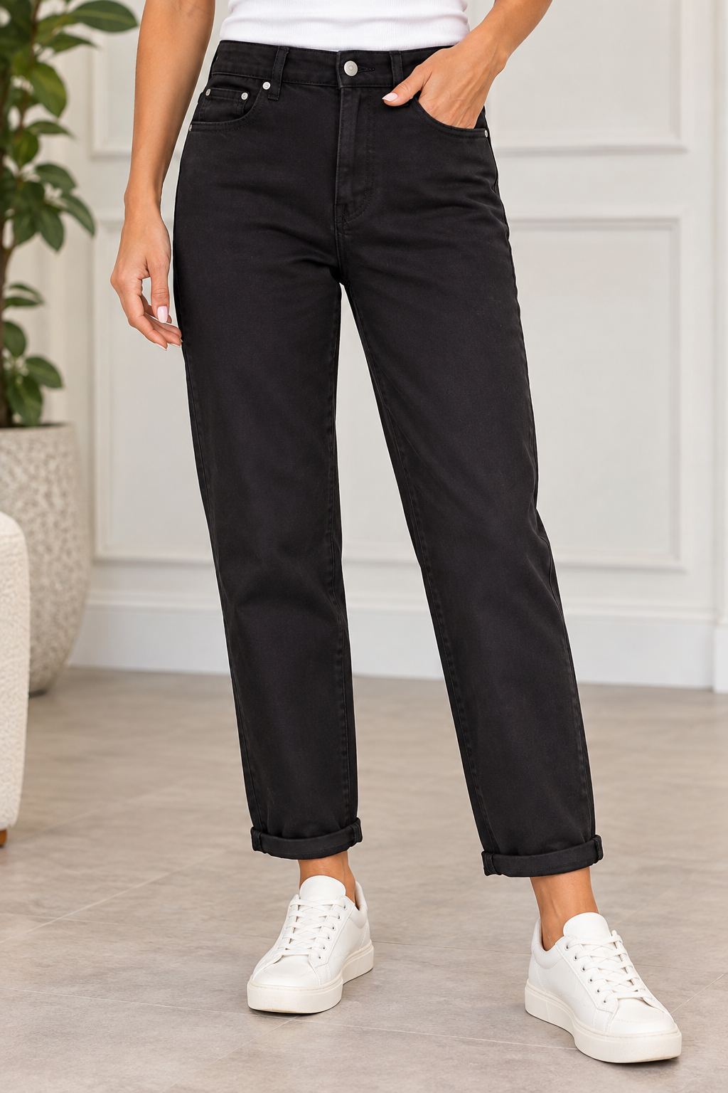 Womens fashion black denim mom fit jeans