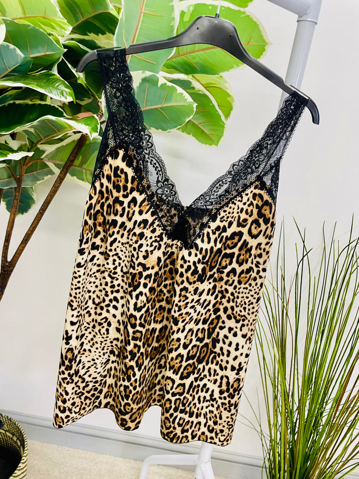 LADIES ANIMAL PRINT SATIN LACE EDGE CAMI VEST TOP - ZEBRA & LEOPARD PRINT