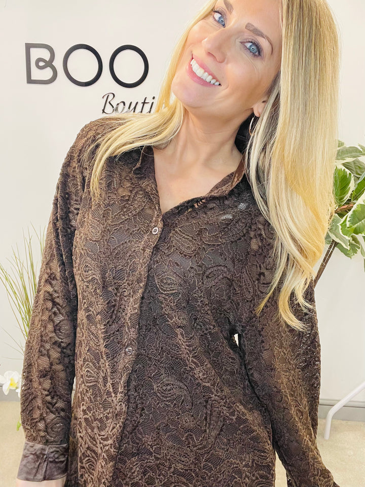 LADIES SHEER LACE BLOUSE SHIRT - BROWN, BLACK & BERRY