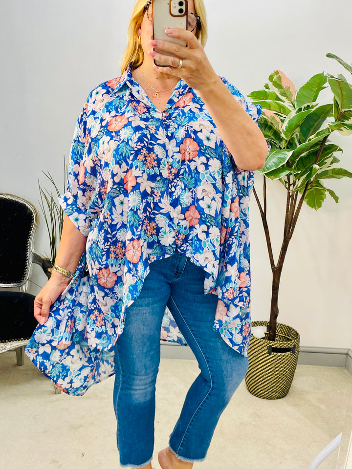 LADIES OVERSIZE BLUE & RED FLOWER PRINT FLOATY TOP