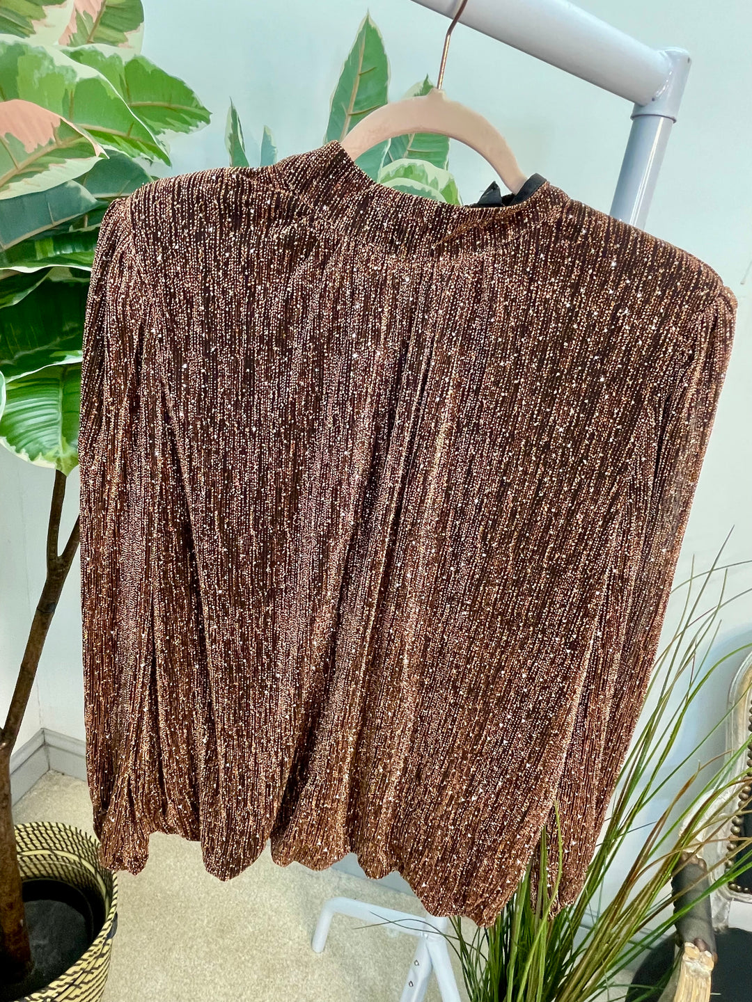 LADIES LUREX BLOUSON HIGH NECK TOP - BLACK & BRONZE