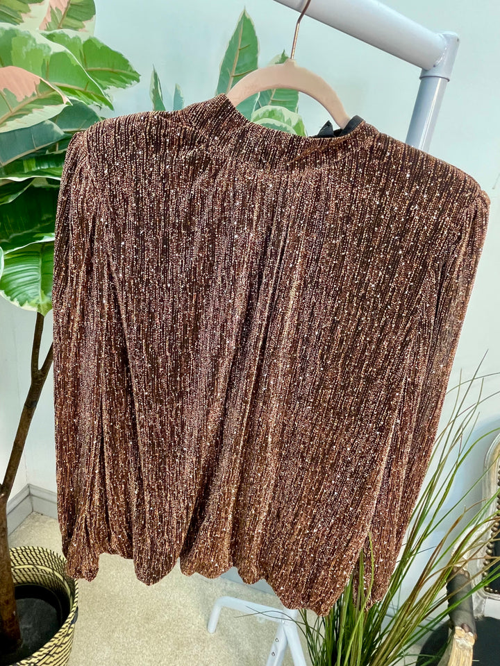 LADIES LUREX BLOUSON HIGH NECK TOP - BLACK & BRONZE