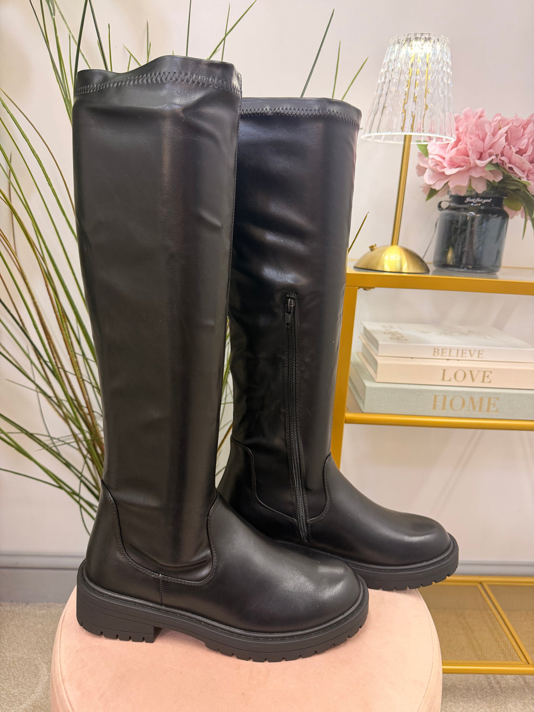 The NICOLA black flat pu stretch calf knee high boots