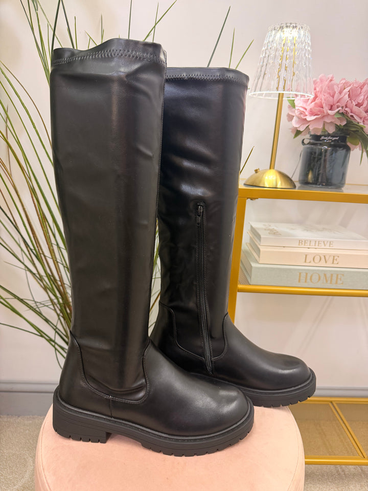 The NICOLA black flat pu stretch calf knee high boots