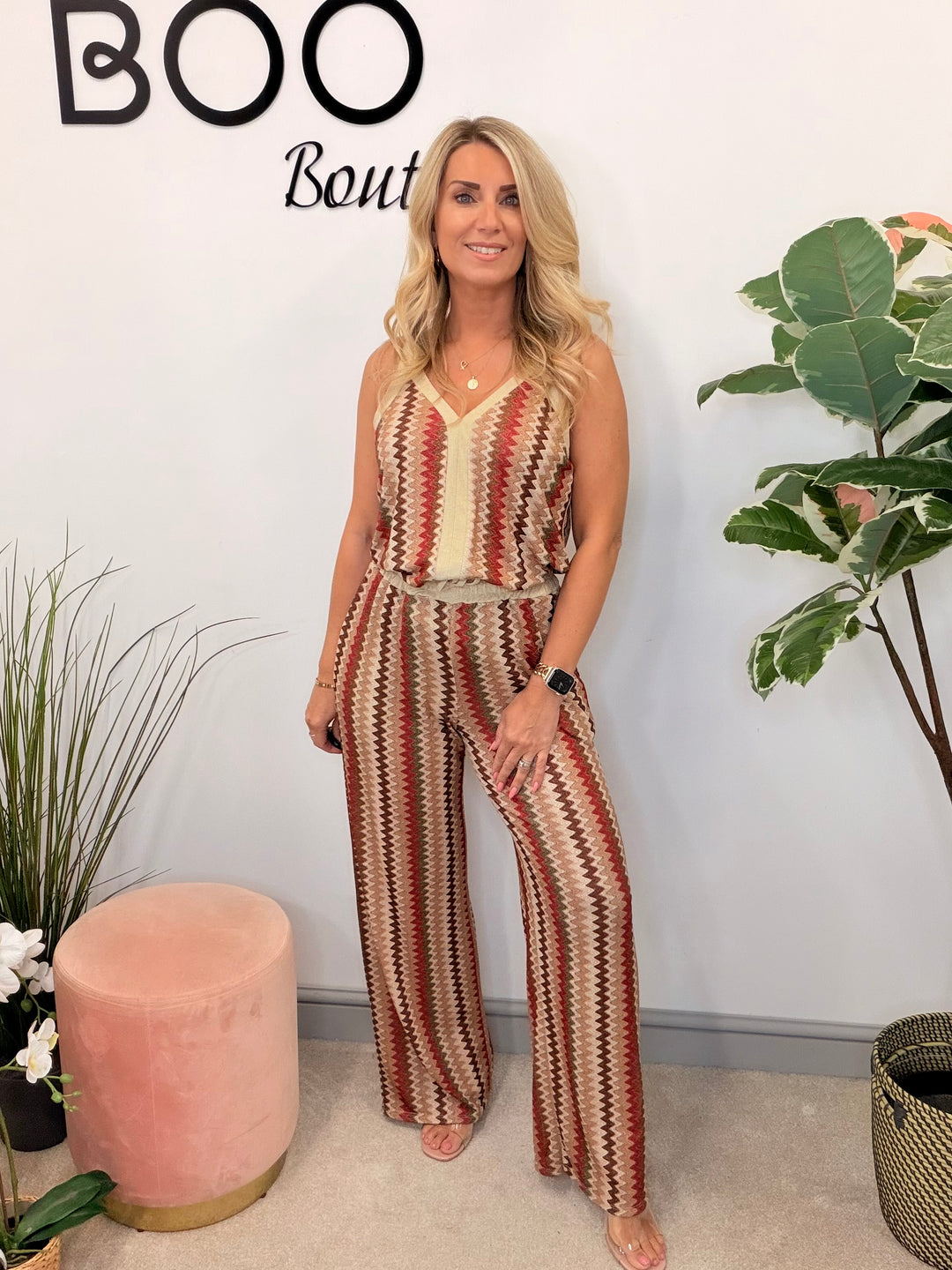 Ladies Fashion Zig Zag Print Wide Leg Trouser Co Ord Set - Khaki & Brown