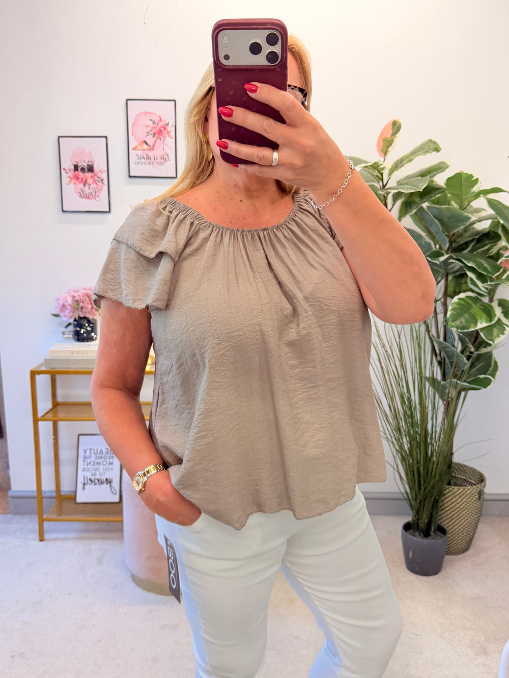 Ladies Short Sleeve Bardot Top - Lime, Black, White, Khaki, Brown, Mocha