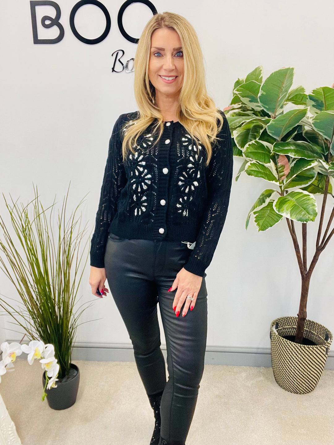 LADIES CROCHET SEQUIN CARDIGAN JUMPER - BLACK & WHITE