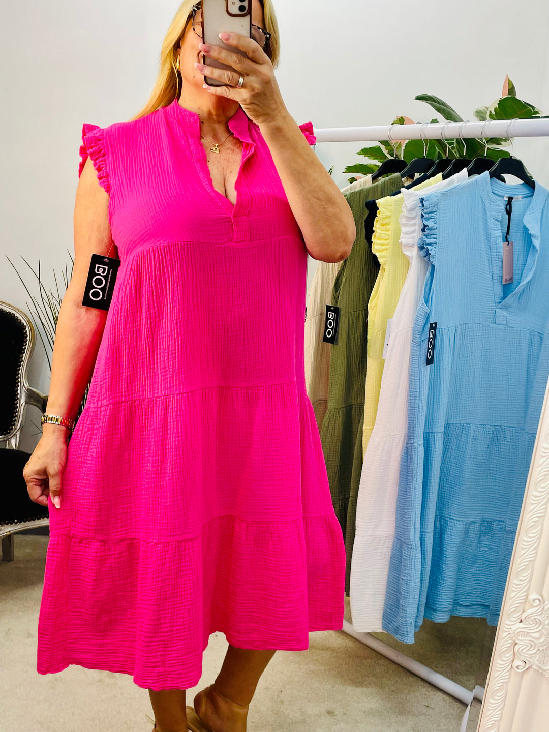 LADIES CHEESECLOTH SMOCK SUMMER MIDI DRESS - LEMON, WHITE, PINK, NAVY, BLUE, KHAKI, BEIGE