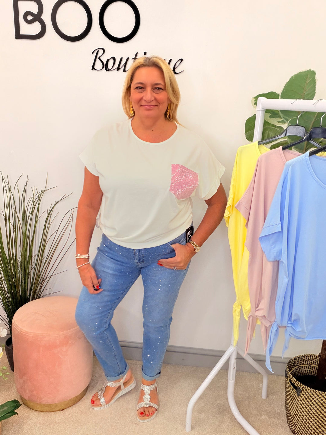 Ladies Fashion Diamante Pocket Loose Fit T Shirt - Lemon, White, Blue & Pink