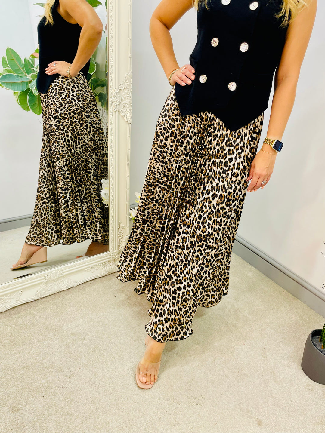 LADIES LEOPARD PRINT SATIN PLEATED MAXI SKIRT