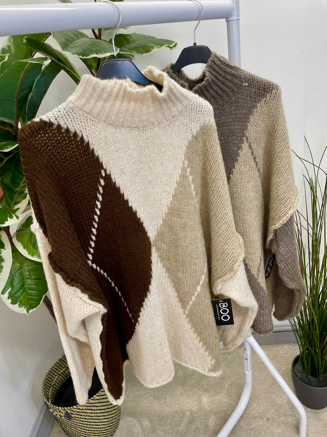 LADIES ARGYLE KNIT OVERSIZE JUMPER - CREAMS, BROWN, BEIGE