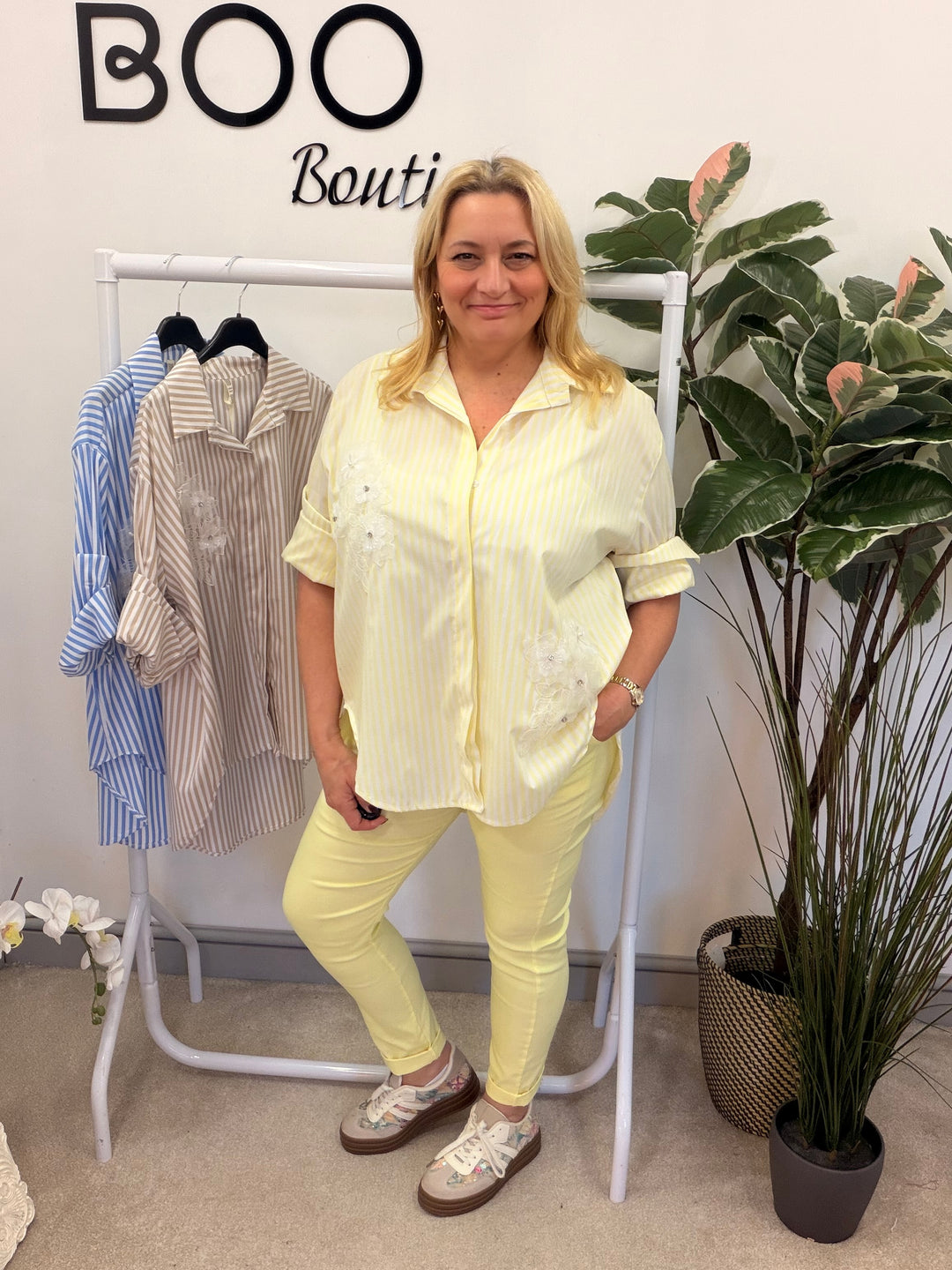 LADIES FASHION STRIPE COTTON SHIRT - YELLOW, BEIGE & BLUE