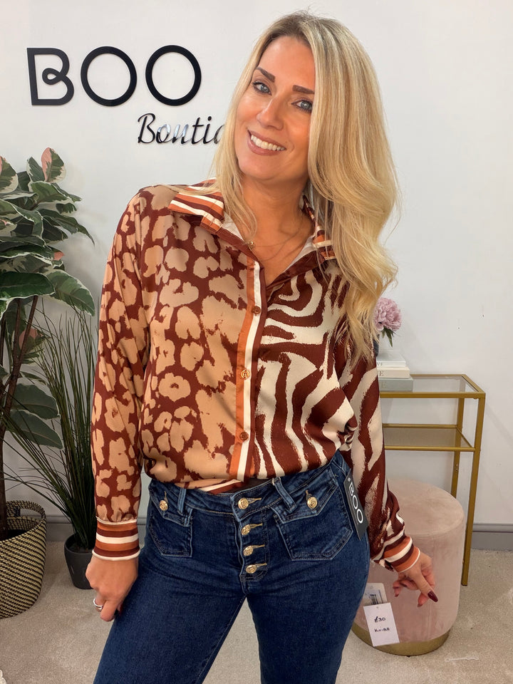 Womens Animal Leopard Print Satin Shirt Blouse - Navy, Burgundy & Camel