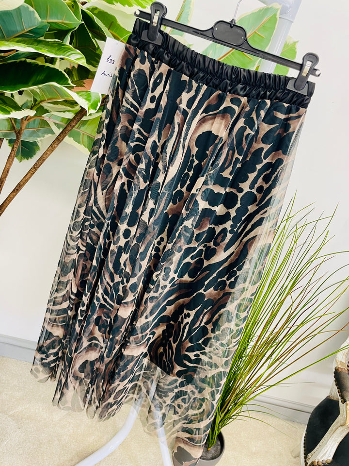 LADIES ANIMAL PRINT TULLE MAXI SKIRT - BLACK, BROWN & BURGUNDY