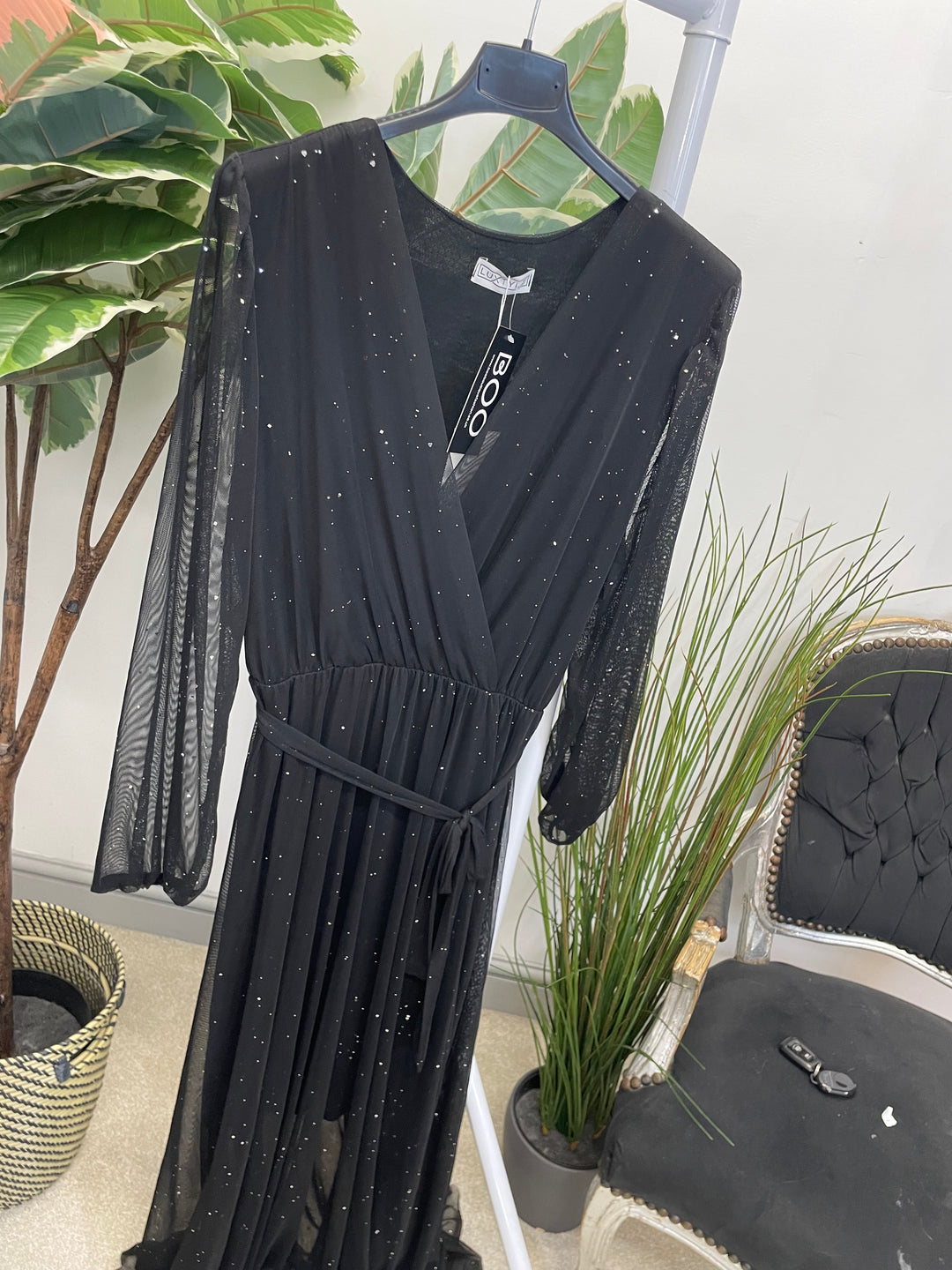 LADIES STRETCH NET PARTY MAXI DRESS - BLACK, BERRY, BROWN & GREEN