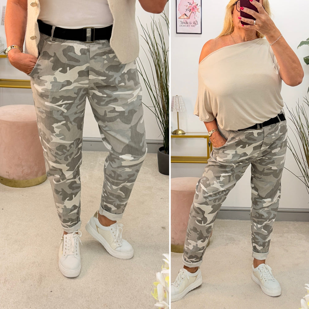 Ladies Fashion Super Stretch Camo Magic Trousers - Khaki & Grey