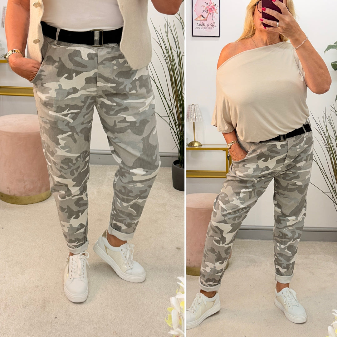 Ladies Fashion Super Stretch Camo Magic Trousers - Khaki & Grey