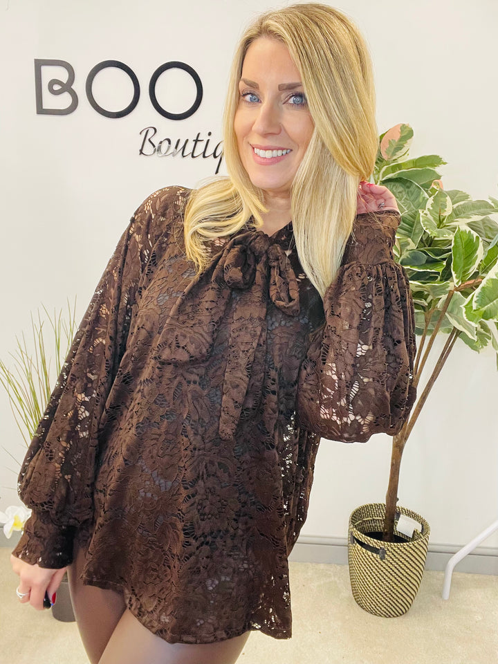 LADIES SHEER LACE BLOUSE SHIRT - WHITE, BLACK, BROWN & BERRY