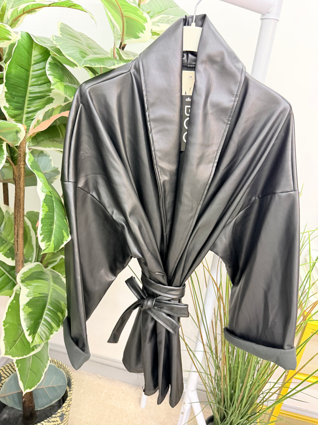 Womens fashion kimono faux leather wrap jacket - plum, black & brown