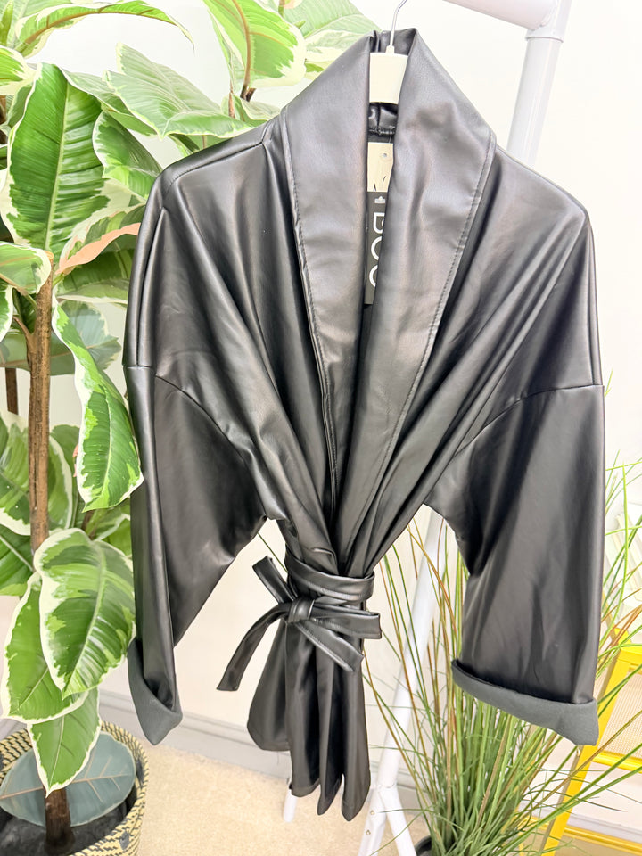 Womens fashion kimono faux leather wrap jacket - plum, black & brown