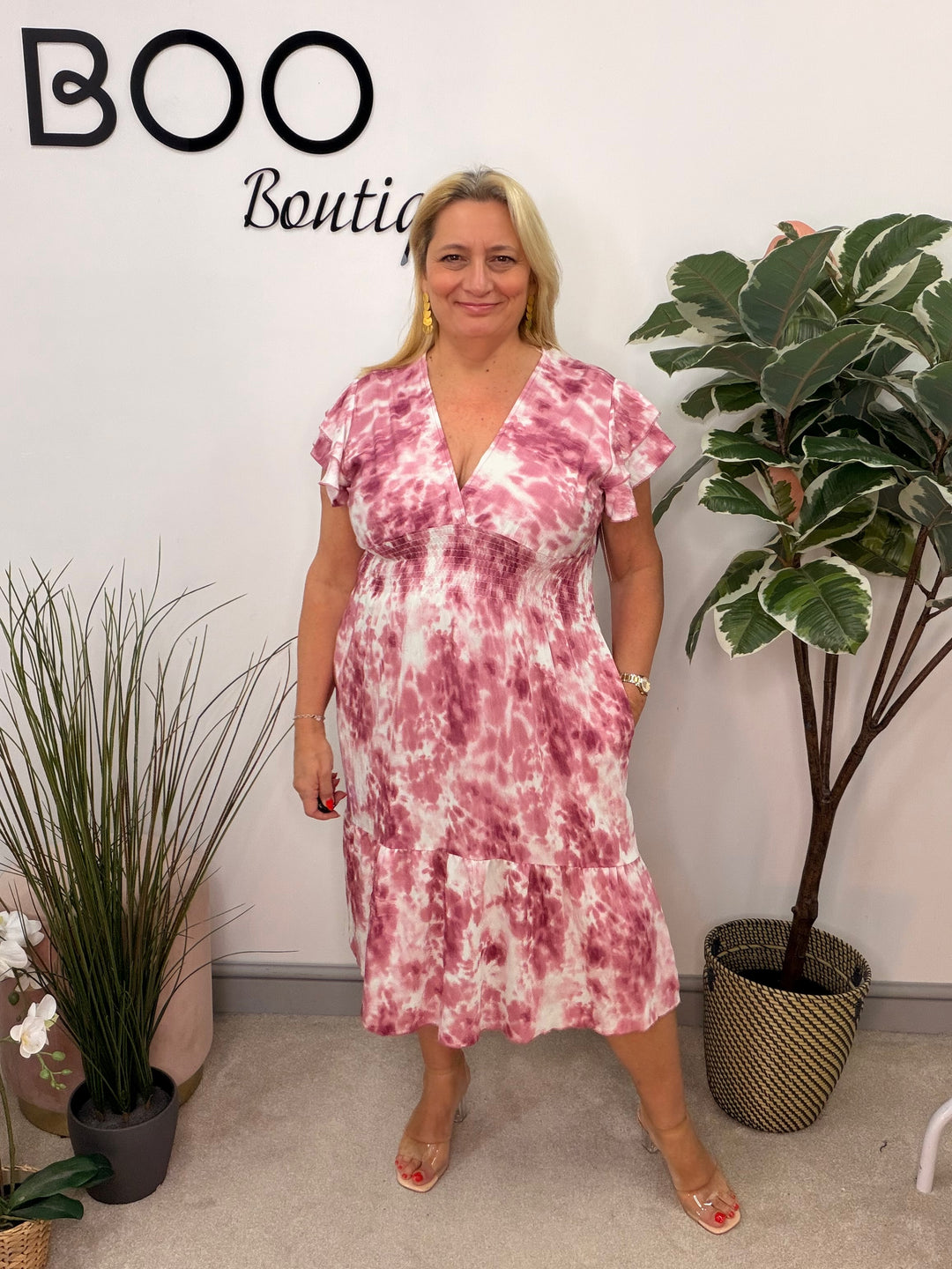 Ladies Tie Dye Summer Day Dress - Pink, Blue, Beige & Green