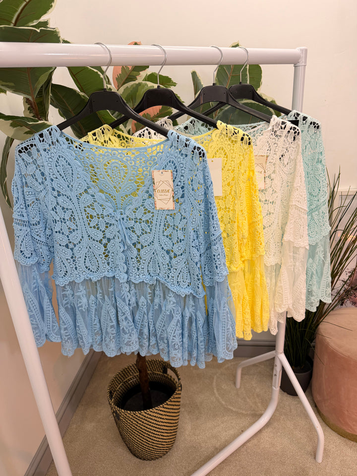 Ladies Fashion Crochet Bolero Cardigan Top - white, mint, aqua, lemon