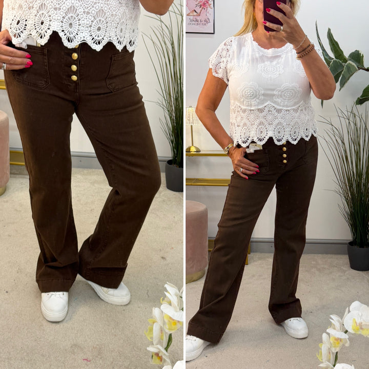 Ladies Fashion Chocolate Brown Wide Leg Button Fly Stretch Jeans
