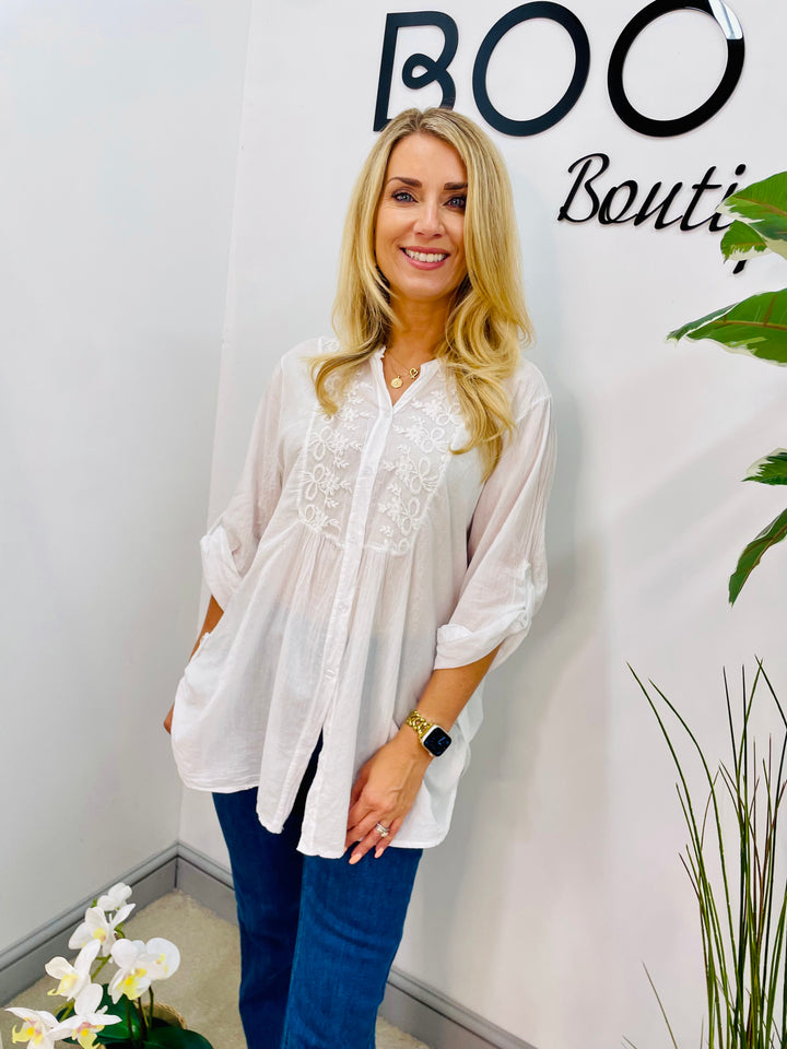 LADIES COTTON LACE FRONT BLOUSE SHIRT - LEMON, WHITE & ORANGE