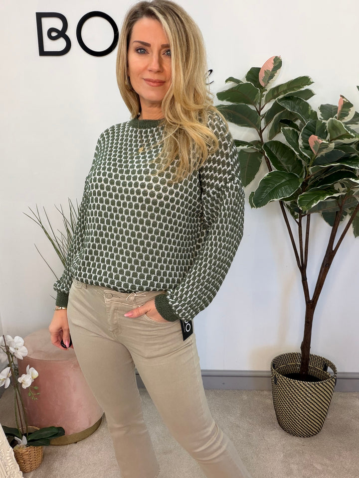 Ladies Fashion Jumper - navy, beige & khaki