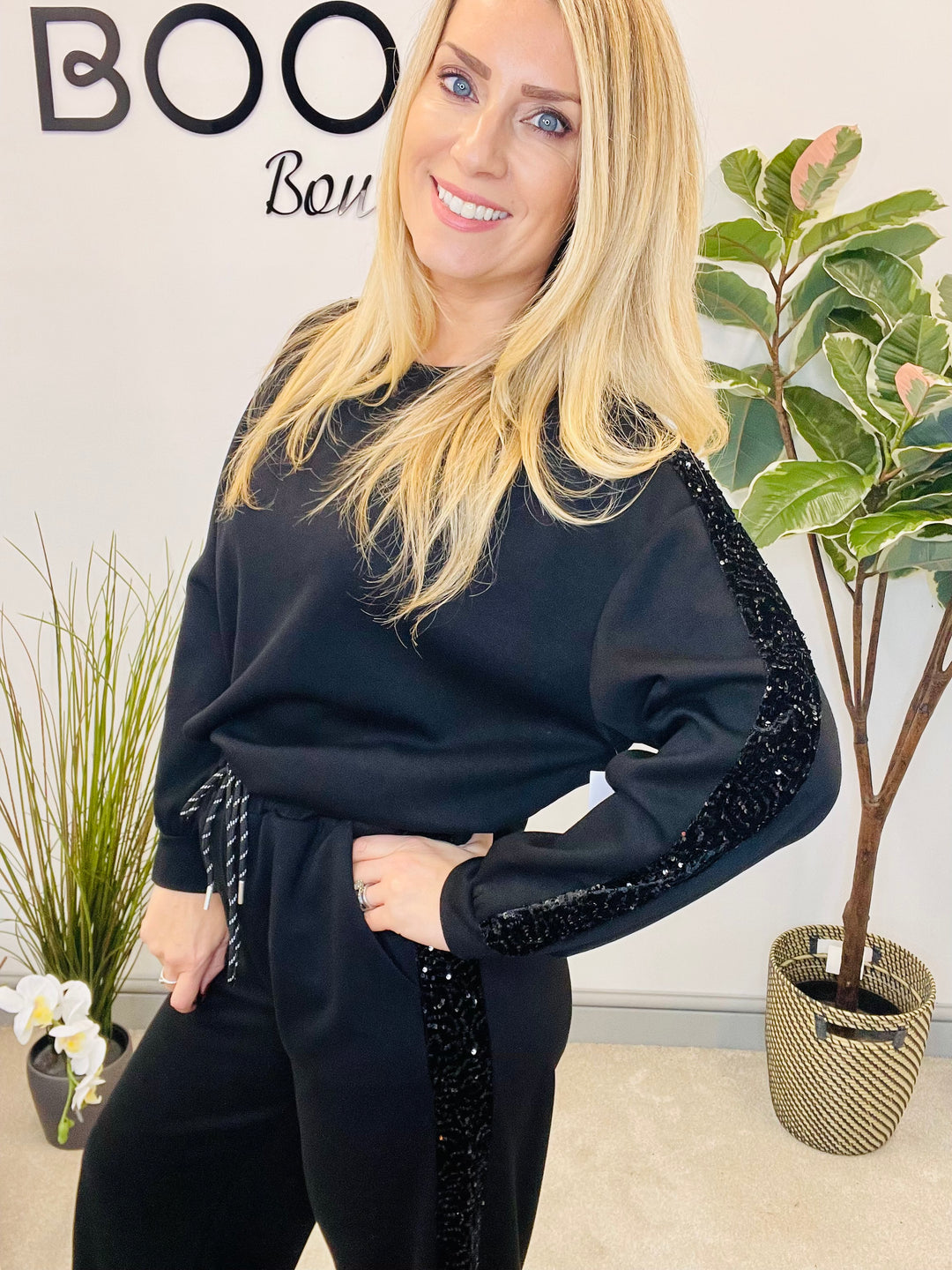 LADIES SEQUIN SCUBA WIDE LEG TROUSER CO ORD SET - BROWN, BLACK, NAVY