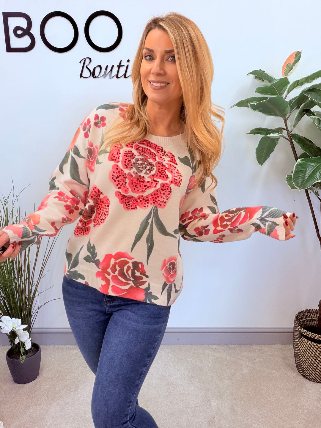 LADIES CREAM & PINK SEQUIN ROSE JUMPER