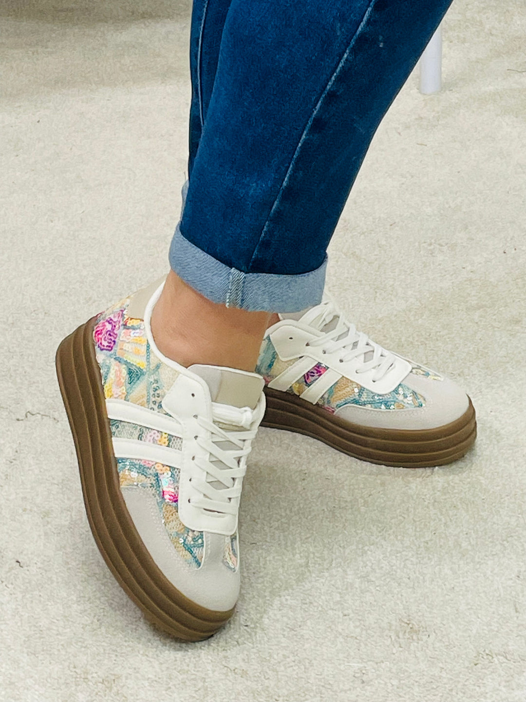 COLOURED SEQUIN FLATFORM TRAINERS ( LT33 )