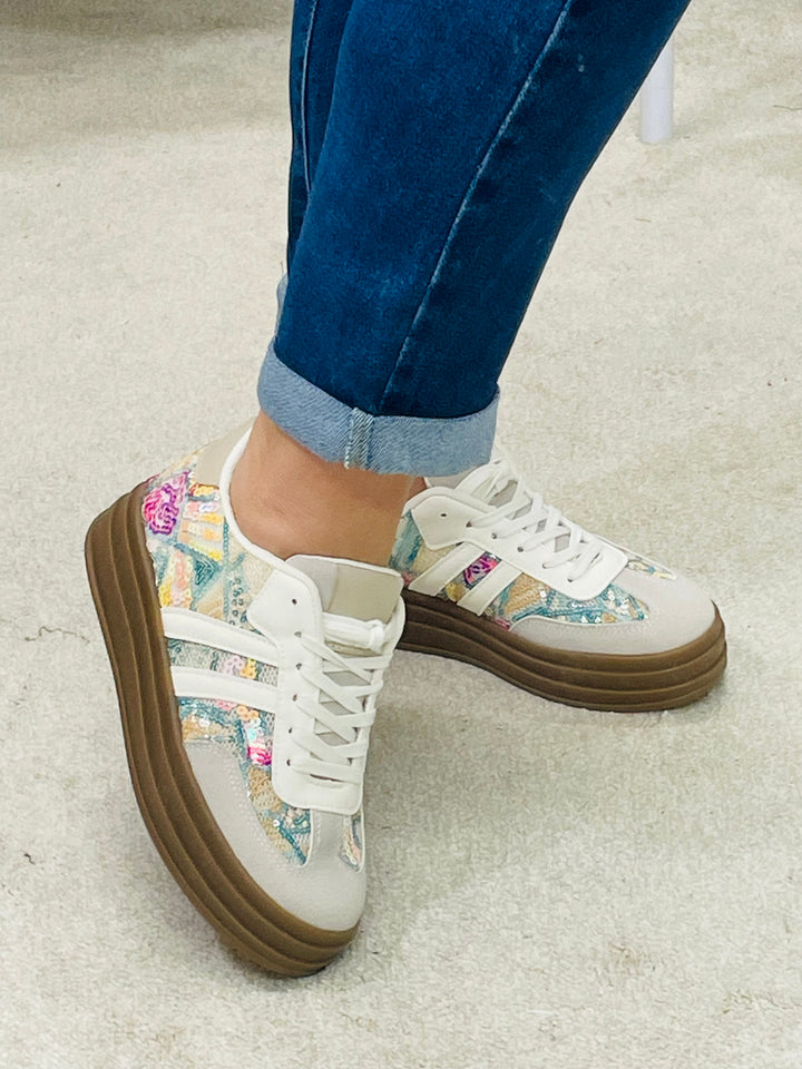 COLOURED SEQUIN FLATFORM TRAINERS ( LT33 )
