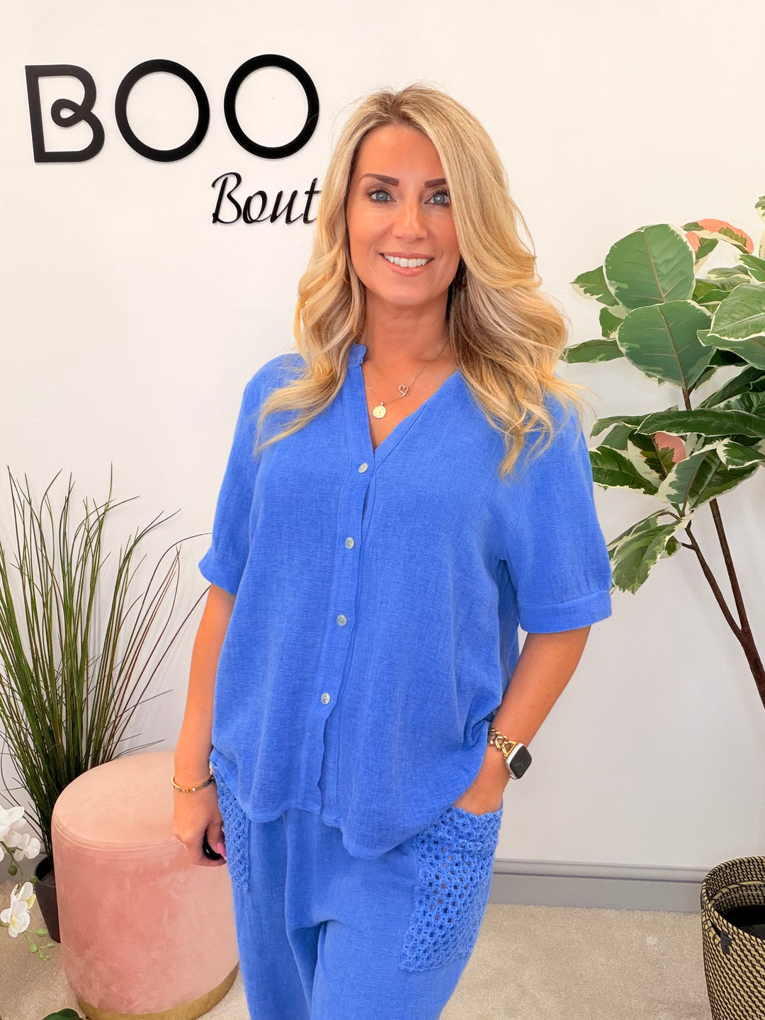 Ladies Fashion Tea Bag Linen Button Up Shirt Top royal blue