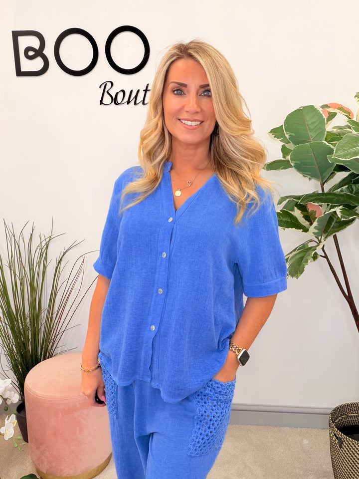 Ladies Fashion Tea Bag Linen Button Up Shirt Top royal blue
