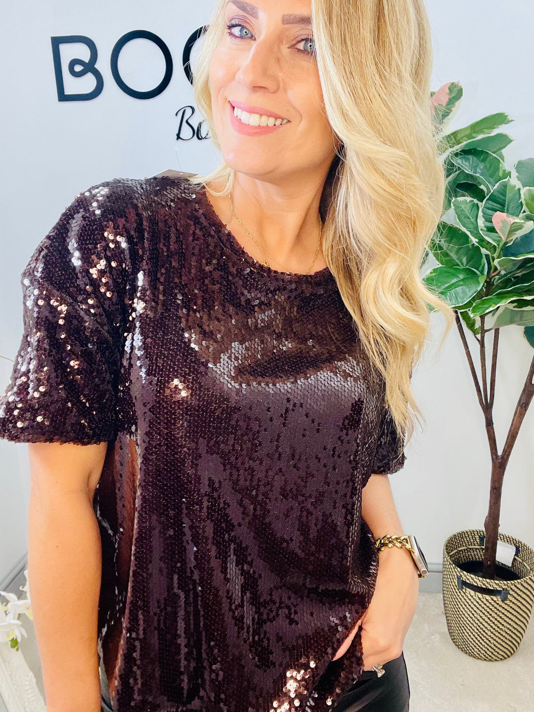 LADIES SEQUIN PARTY TOP - BERRY, BLACK & BROWN