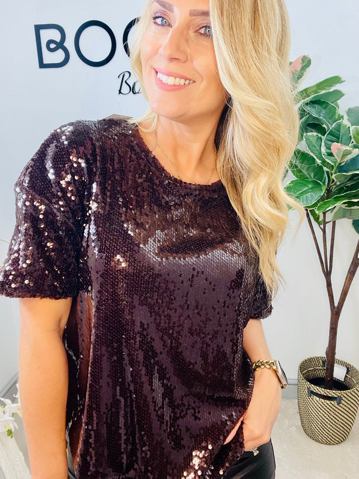LADIES SEQUIN PARTY TOP - BERRY, BLACK & BROWN