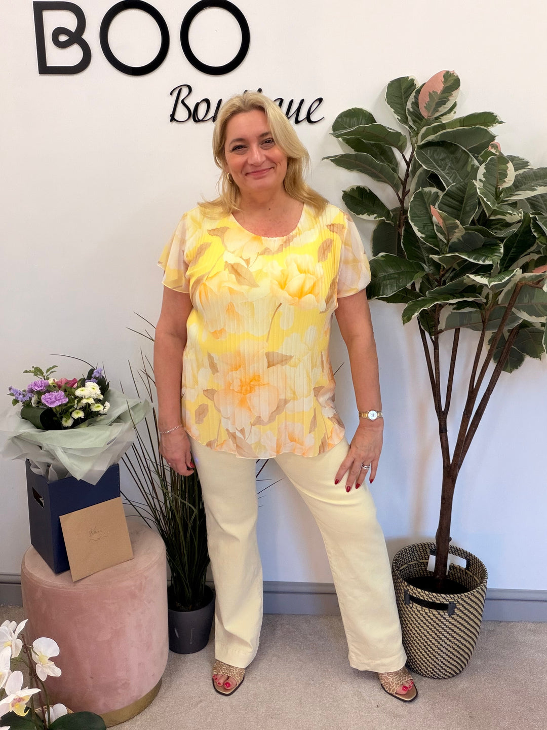 Ladies Fashion Floral Print Pleated Chiffon Blouse Top - pink, white, blue & lemon