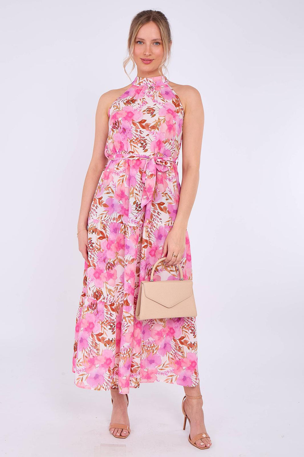 LADIES WOMENS PINK PARTY SUMMER WEDDING MIDI DRESS
