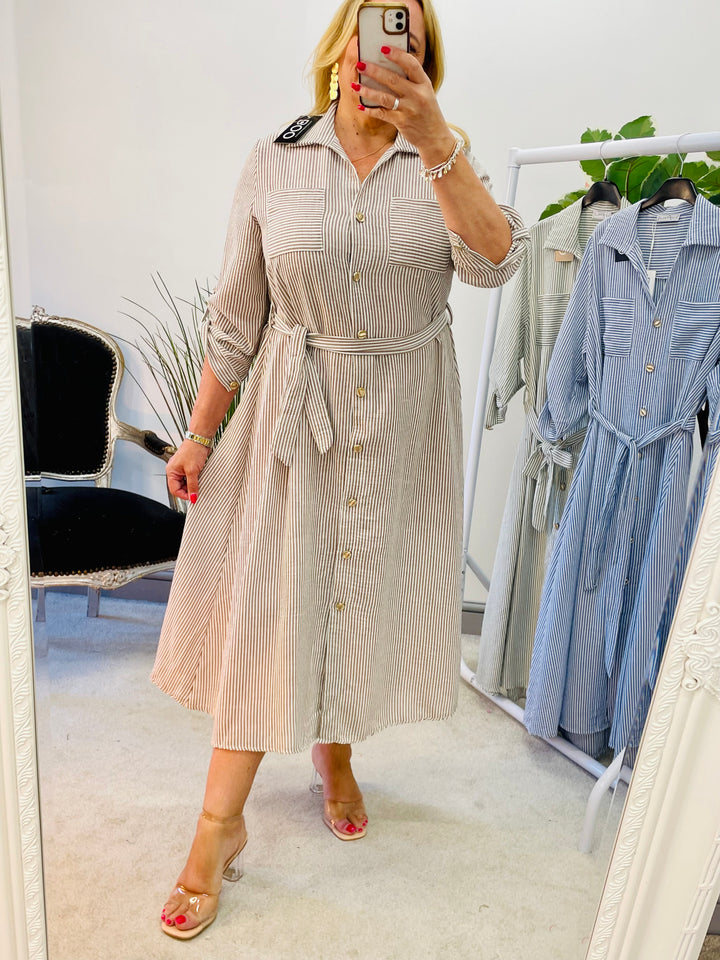 LADIES PINSTRIPE SUMMER SHIRT DRESS - BLUE, KHAKI, MOCHA