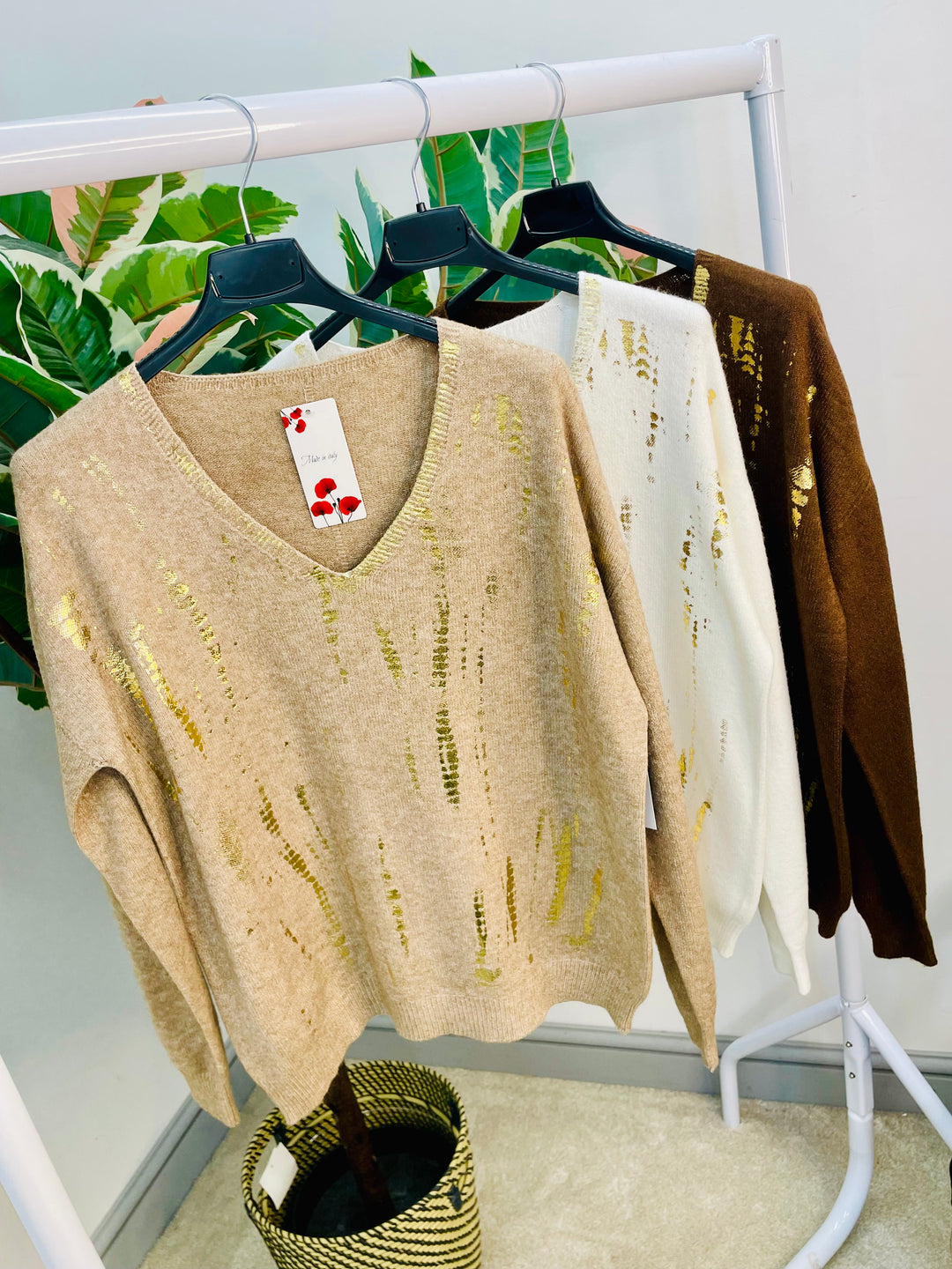 LADIES V NECK SOFT KNIT JUMPER - WHITE, BROWN & MOCHA