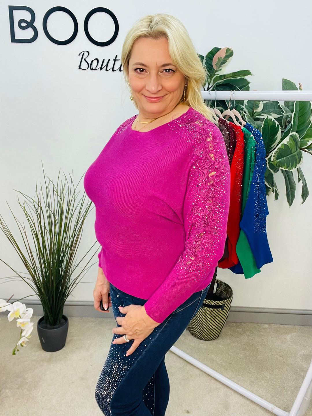 LADIES DIAMANTE SLEEVE BATWING JUMPER MAUVE