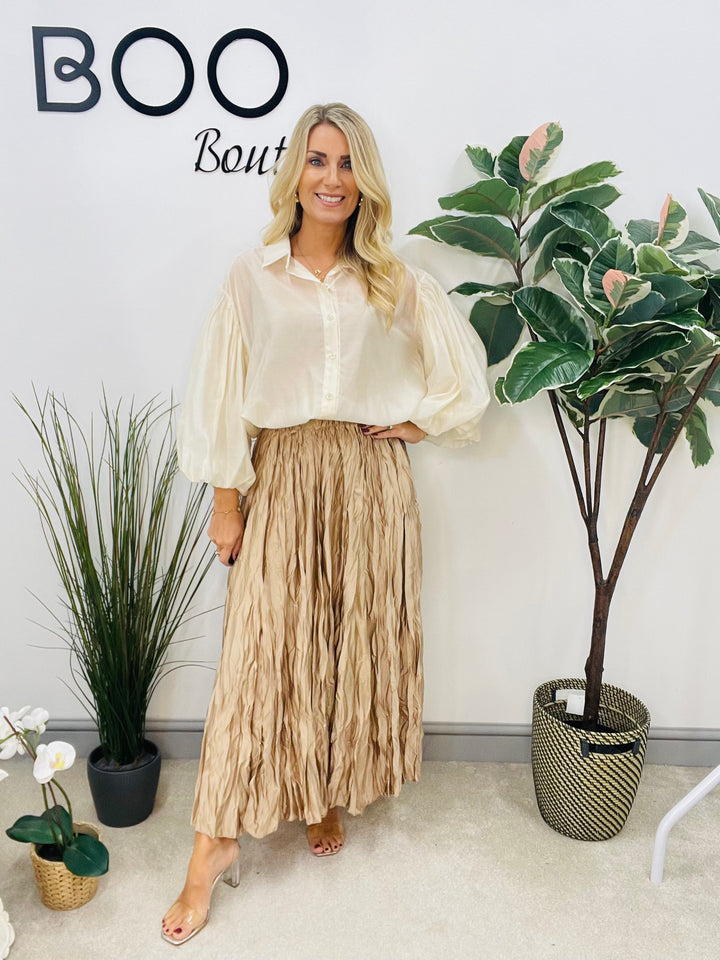 LADIES CRINKLE SATIN MAXI SKIRT - OLIVE, BROWN, NAVY, BLACK, GOLD