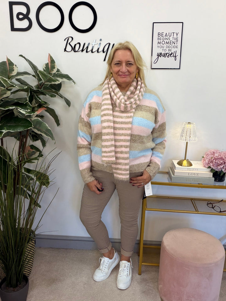 Women’s soft pink blue beige stripe jumper and scarf set 